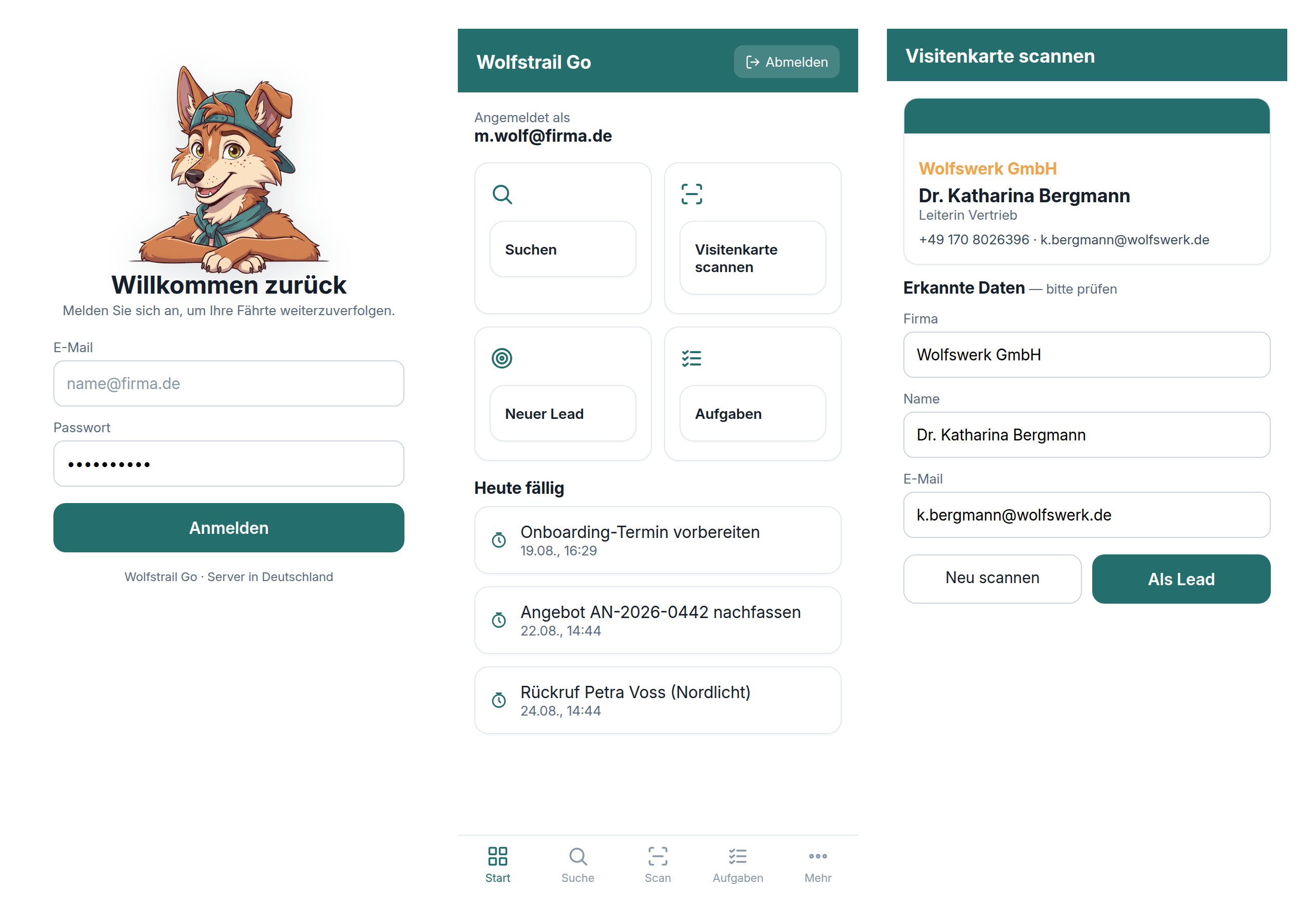Wolfstrail Go: Anmeldung, Startseite, Visitenkarten-Scanner